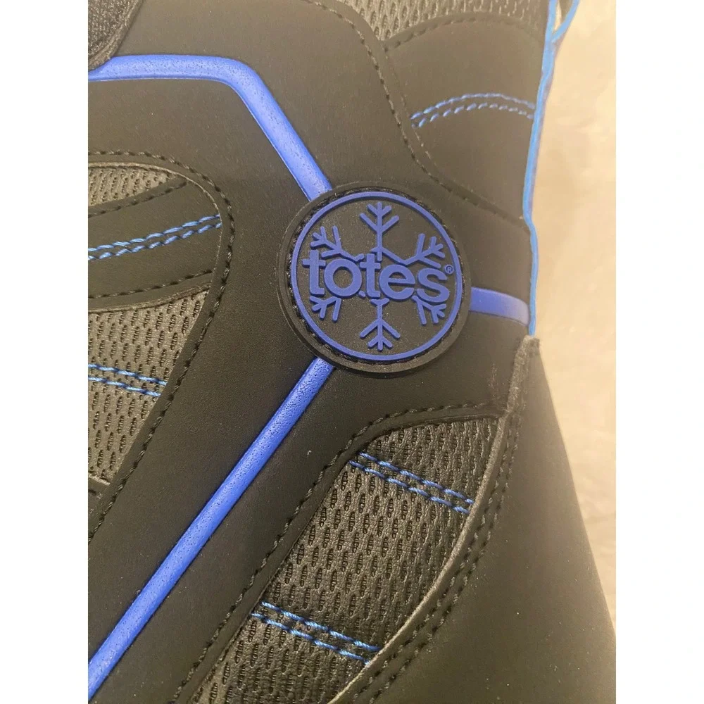 Totes Sage Boys Snow Boots Black Blue Bungee Strap Size 4 NEW